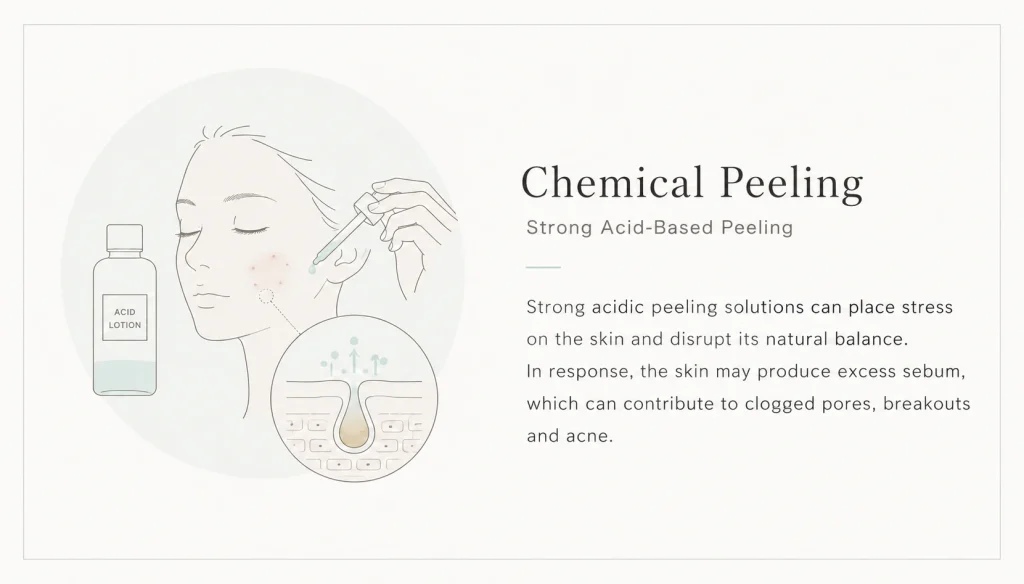 Illustration showing how strong acid-based chemical peeling may stress the skin, disrupt its natural balance, and contribute to excess sebum, clogged pores and breakouts.
