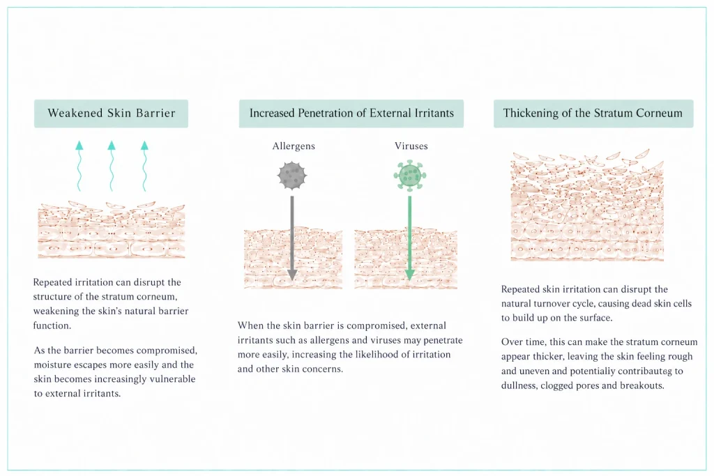 Illustration showing how repeated irritation can weaken the skin barrier, increase penetration of external irritants, and thicken the stratum corneum.