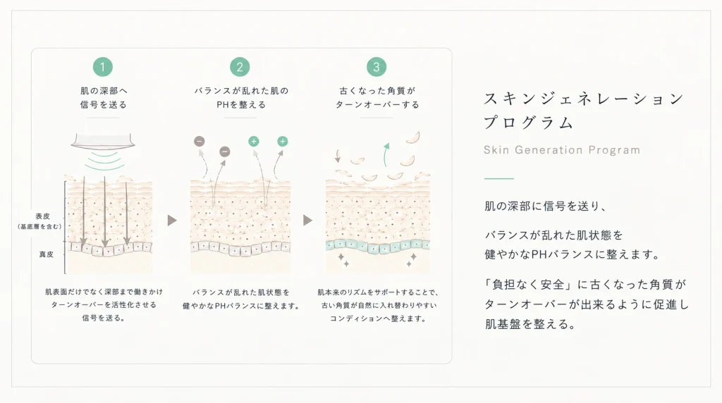 KI Day Spaのスキンジェネレーションプログラム。肌の深部へのアプローチ、PHバランスの調整、健やかなターンオーバーを促す3ステップを解説した図。